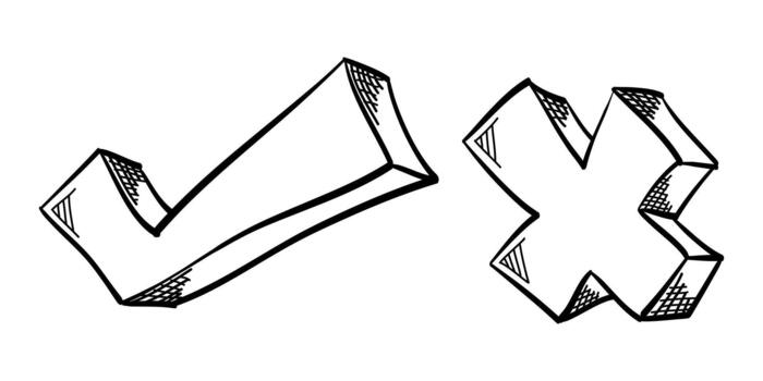 Doodle check mark and cross mark icon set. Tick symbol, checklist signs vector