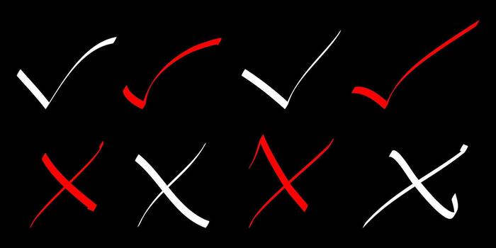 Doodle check mark and cross mark icon set. Tick symbol. checklist signs. isolated on black background vector