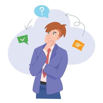 negocio dibujos animados de un joven empresario profundo en pensamiento. el ilustración es un común visual metáfora para resolución de problemas, Toma de decisiones, o contemplación vector