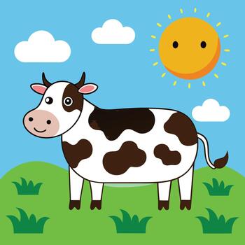 a cow is standing in a field with a sun in the background vector