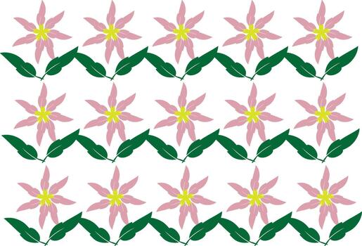 A repeating pattern of delicate pink flowers with yellow centers and dark green leaves arranged in rows on a white backdrop. vector