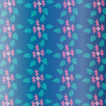 A repeating pattern of stylized red flowers and green leaves against a gradient of purple and blue. The design has a symmetrical, almost mosaic-like quality. vector
