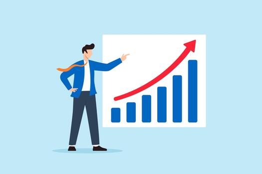 Flat illustration of businessman presenting graph with high improvement bar chart symbolizing sales growth revenue success and positive business performance vector