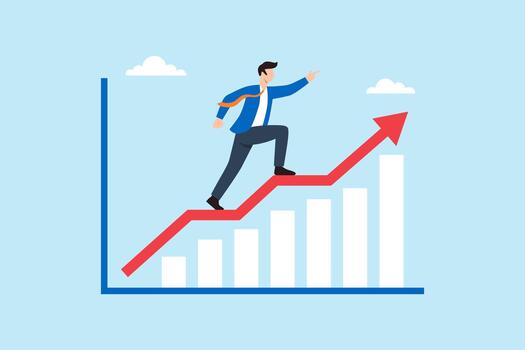 Flat illustration of businessman confidently climbing and pointing upward on rising line graph chart symbolizing business growth financial success and goal achievement vector