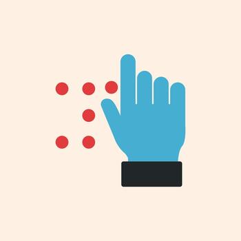 Minimalist flat illustration showing a blue hand touching Braille dots, symbolizing accessibility, communication, and inclusion for visually impaired people. Ideal for concepts of disability awareness vector