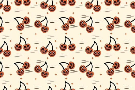 Seamless Halloween themed pattern featuring cherries with skull faces, surrounded by small stars and abstract lines on a beige background. vector