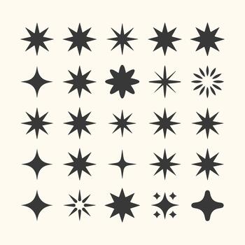 cuadrícula de 25 Starburst y brillar formas en varios diseños icono vector