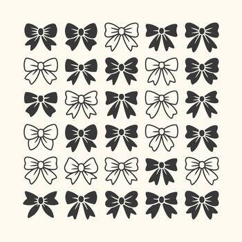Art of a charming collection of 25 handdrawn bow tie icons in various styles, some filled and some outlined, presented on a neutral background for versatile design applications vector
