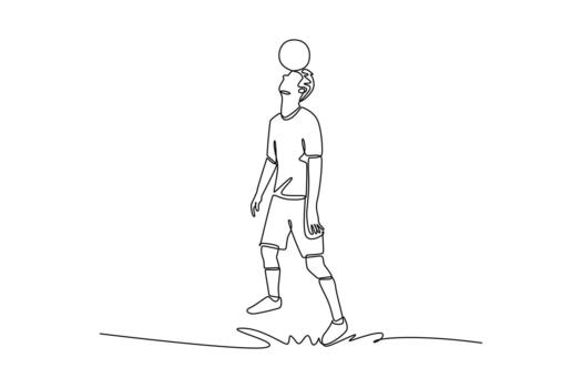 continuo uno línea dibujo hombre fútbol estilo libre atleta expertamente equilibrio pelota en su frente mientras en pie vertical. preciso controlar y enfocar. soltero línea dibujar diseño gráfico ilustración vector