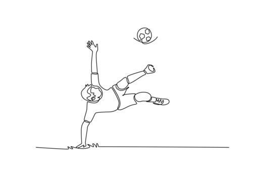 Single one line drawing young man soccer freestyle athlete executing a bicycle kick or overhead trick with a ball. Dynamic skill and acrobatics. Continuous line draw design graphic illustration vector