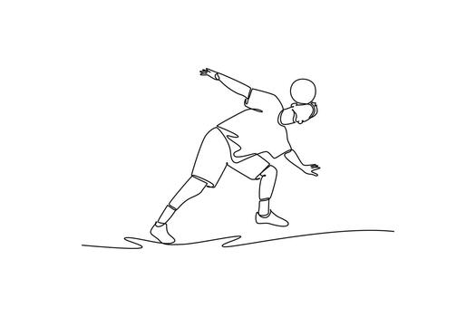 continuo uno línea dibujo joven hombre fútbol estilo libre atleta equilibrio pelota en espalda de su cuello mientras propensión adelante. preciso controlar y enfocar. soltero línea dibujar diseño gráfico ilustración vector