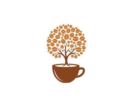 Coffee bean tree growing from a cup isolated on white background, representing the origin, growth, and cultivation of coffee in a unique design vector
