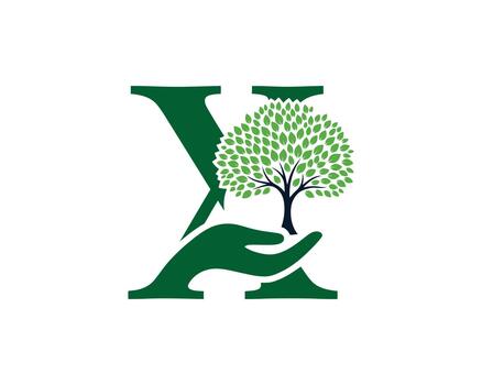 Letter x with hand holding a tree isolated on white background, symbolizing growth and care for the environment with an initial x vector