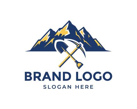 Mining logo with mountains, shovel, and pickaxe isolated on white background a rugged design suitable for businesses in the mining and construction industries vector
