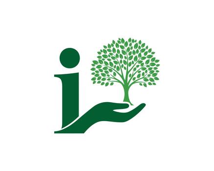 Letter i logo with hand holding a tree isolated on white background, symbolizing growth, care, and environmental responsibility in a simple design vector