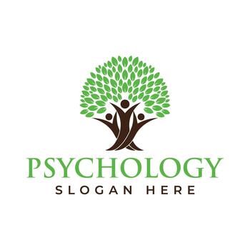 Psychology logo design featuring a tree with three human figures isolated on white background, symbolizing community, support, and mental wellbeing vector
