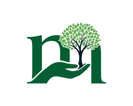 Letter m with hand holding a tree isolated on white background, symbolizing growth and care for the environment with an initial m vector