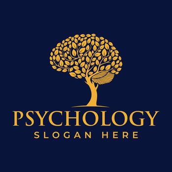 Psychology logo featuring a tree with brainshaped leaves on a dark blue background, symbolizing mental health and cognitive function vector