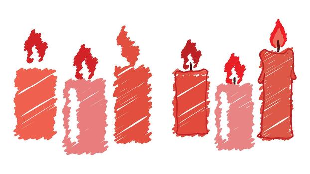 A stylized collection of hand-drawn candle illustrations featuring varying shapes, flame styles, and textured shading effects. This set is suitable for use in holiday-themed designs, vector