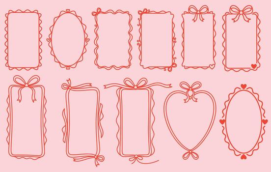 A charming collection of hand-drawn decorative frames featuring ribbon bows, wavy borders, heart accents, and elegant oval and rectangular shapes. These outline-style frames are ideal for vector