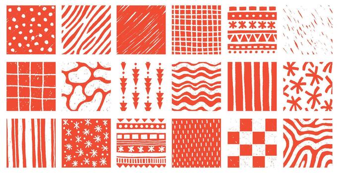 A collection of hand-drawn geometric and decorative pattern tiles in a textured, block-print style, featuring lines, dots, waves, grids, and festive motifs. Suitable for backgrounds, packaging vector