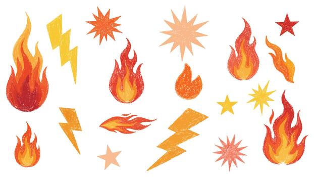 A vibrant collection of hand-drawn flame, lightning, and star illustrations in textured, crayon-style shading. Suitable for dynamic design projects, energetic visual themes, vector