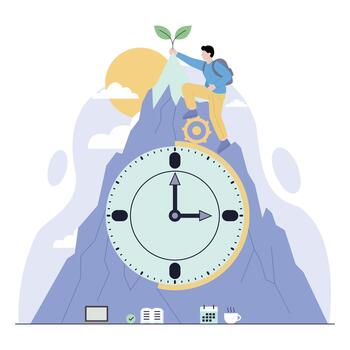 Mastering Time A Person Climbing a Clock Mountain with a Growth Sprout vector