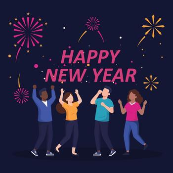 moderno minimalista ilustración de un diverso grupo de amigos disfrutando un nuevo años víspera fiesta con estilizado Fuegos artificiales muestra y un brillante contento nuevo año mensaje, representando urbano vector