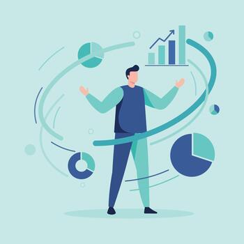 Modern Minimalist Illustration of a Character Interacting with Dynamic Infographic Elements Symbolizing Data Visualization Business Analytics and Strategic Decision Making vector