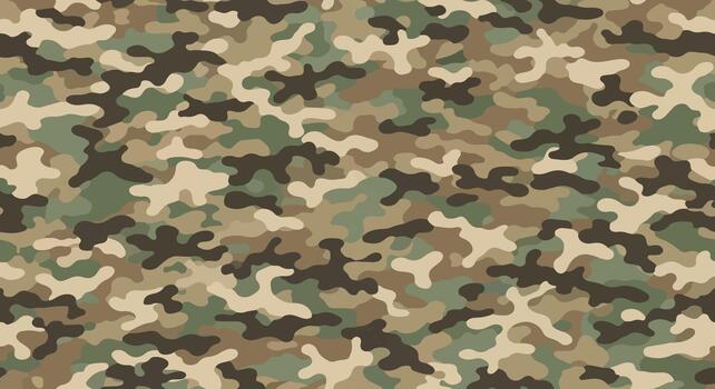 Modern military style camo background with layered organic shapes, tan, green, and brown all-terrain camouflage texture, universal hunting camo design for desert and woodland environments vector