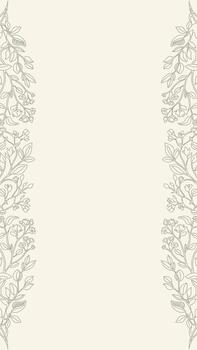 Elegant botanical line art frame featuring symmetrical floral borders with delicate leaves and flowers on a soft beige background vector
