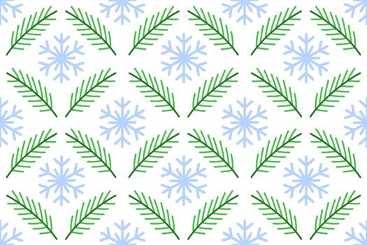Seamless pattern with green fir tree branches and light blue snowflake on white background. flat style illustration. for textile print, wrapping paper, holiday packaging, seasonal background vector