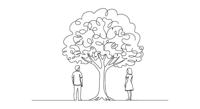 Continuous single line drawing of a man and woman standing on opposite sides of a large tree, representing connection and relationships vector
