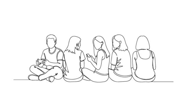 continuo soltero línea dibujo de personas sentado y utilizando digital dispositivos en blanco vector