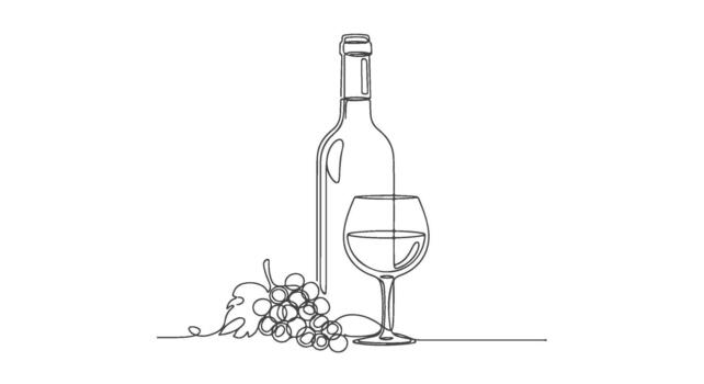Continuous Single Line Drawing of Wine Bottle, Glass, and Grapes for Elegant Simplicity vector