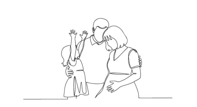 Continuous single line drawing capturing a loving family portrait of a pregnant mother, father, and child, symbolizing connection and new beginnings vector