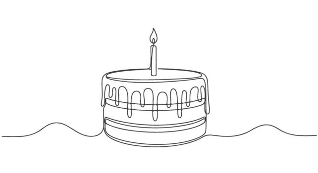 cumpleaños pastel con un soltero vela dibujado en un minimalista continuo uno línea Arte estilo. un bosquejo para celebracion d.eps concepto vector