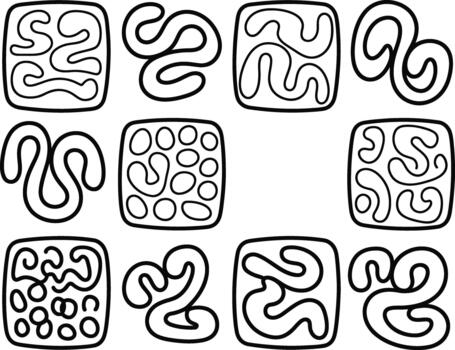 Abstract squiggles and swirls in geometric shapes artistic line work design vector
