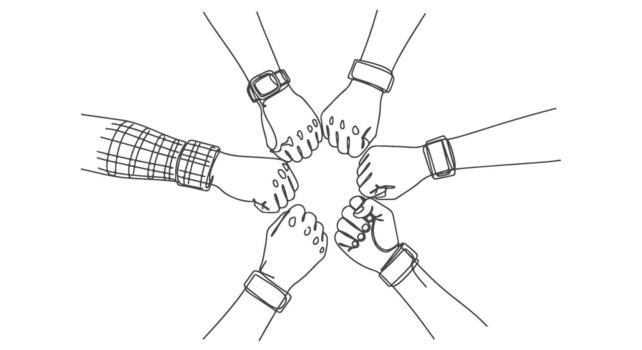 unidad y trabajo en equipo ilustrado un circulo de puños en un colaborativo gesto representando fuerza y camaradería vector