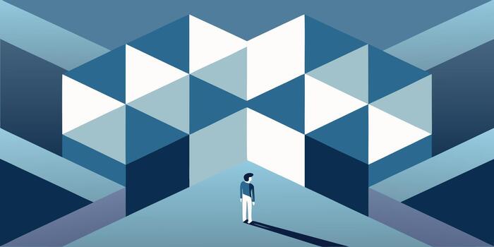 Lone figure stands at a crossroads of geometric paths facing a large abstract structure vector