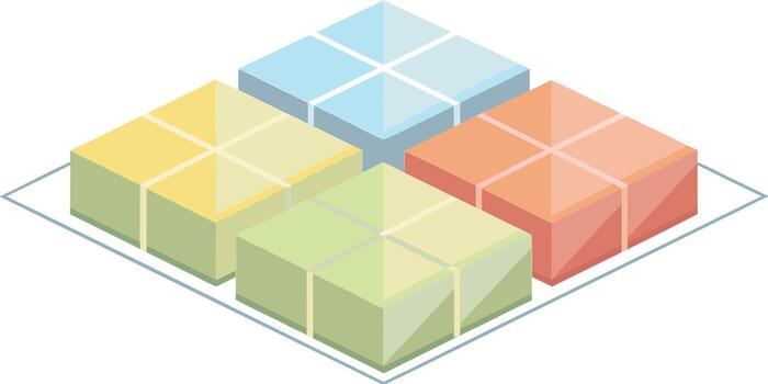Four colorful geometric cubes arranged on a square plate in isometric perspective vector