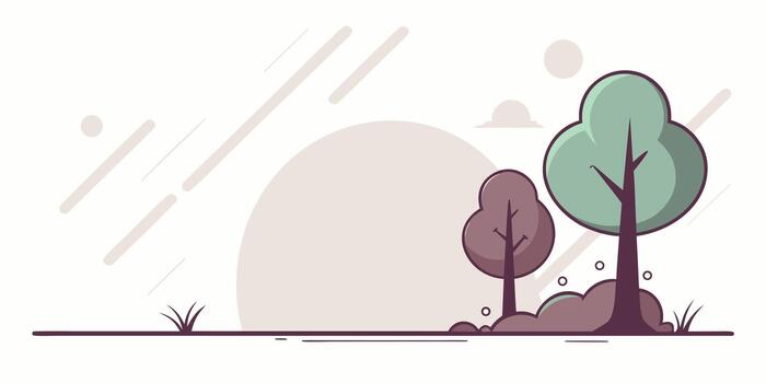 Minimalist flat design of two trees on a grassy hill with a large sun or moon in the background vector