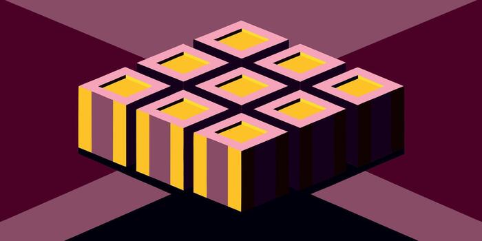 Abstract geometric isometric cube made of stacked blocks with yellow tops on a dark background vector