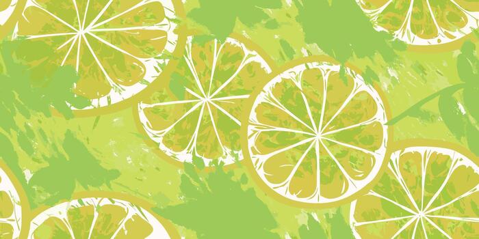 Vibrant seamless pattern of fresh lime slices with watercolor texture and bright green background vector