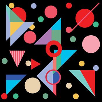 Abstract geometric pattern with circles triangles and colorful shapes on black background vector