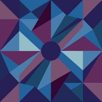 Geometric abstract pattern with a central dark circle surrounded by blue and purple triangles vector