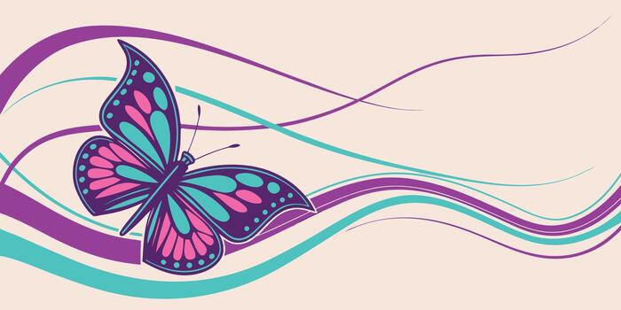 Vibrant butterfly with colorful wings on a background of flowing abstract lines vector