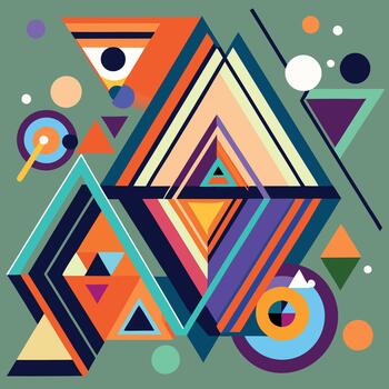 Vibrant abstract geometric composition with colorful triangles and circles on a muted background vector