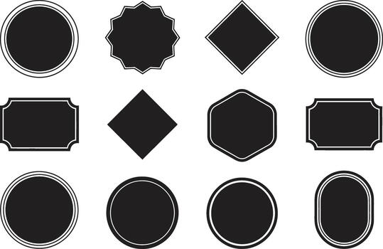 Collection of blank black labels, badges, and frames with white outlines in various shapes vector