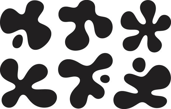 Abstract black fluid shapes and inkblot designs, organic liquid blobs on white background vector